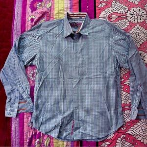 Robert Graham Men's X Collection Navy Plaid Checked Stripe Shirt w/ Orange Cuffs